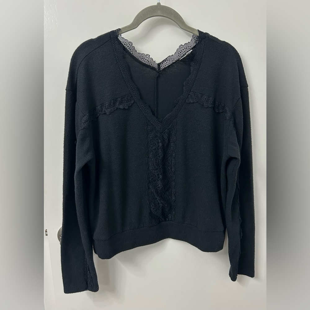 SELF E Black V-Neck Sweater with Lace Detail